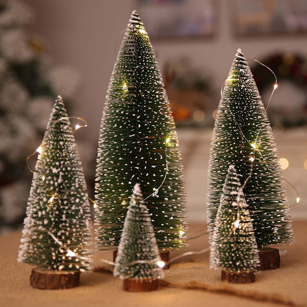 Pack of 5 Mini Christmas Trees 10 cm 15 cm 20 cm 25 cm 30 cm Artificial Christmas Tree Sisal Snow Frost Trees with Wooden Bases for Table Decoration DIY Shop Window