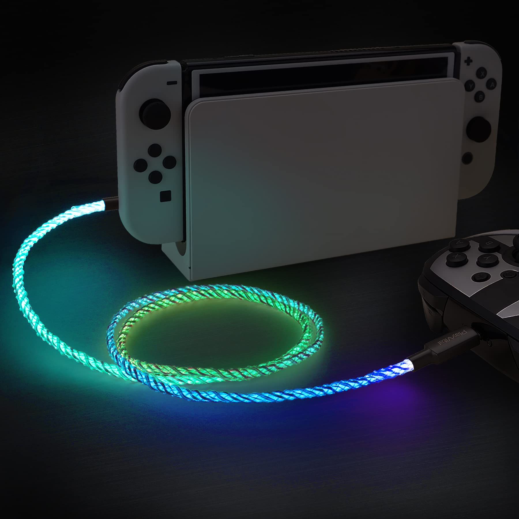 playvital 3.28FT Illuminated Charging Cable for ps5 Controller, USB Type C Charging Cord for Gamepad, Universal LED Light Up Data Cord for Xbox Core/Elite Series 2 / Switch Pro Controller