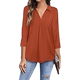 Newchoice Womens Collared V Neck 3/4 Sleeve Shirts Business Casual Tops Loose Work Blouses (M-3XL)