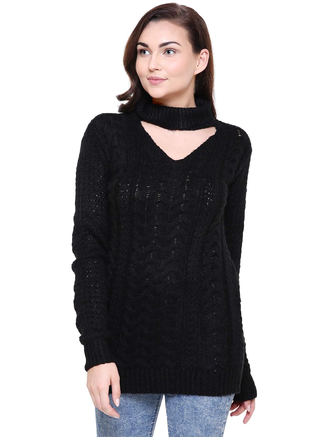 mansicollections black chunky knit choker sweater for women