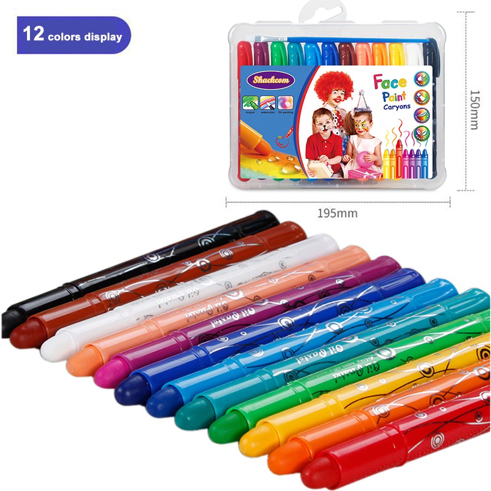 Shackcom Face Paint, 12 Colors Rotating Washable Non-Toxic 3 in 1 Effect -Crayon-Pastel-Watercolor-Body or Finger Painting Crayons for Kids Halloween Birthday Christmas Party Gift