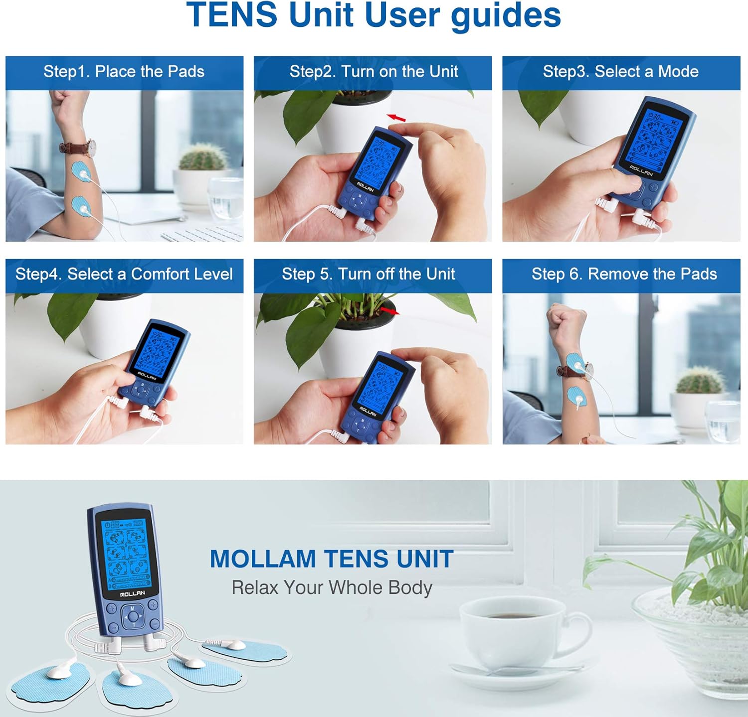 Mollan Dual Channel TENS Unit 24 Modes Electronic Pulse Back Massager with 12 Electrode Pads, EMS Muscle stimulator Therapy for Body Building, Neck, Shoulder, Leg, and Arthritis Pain Relief（Navy blue）: Health & Personal Care