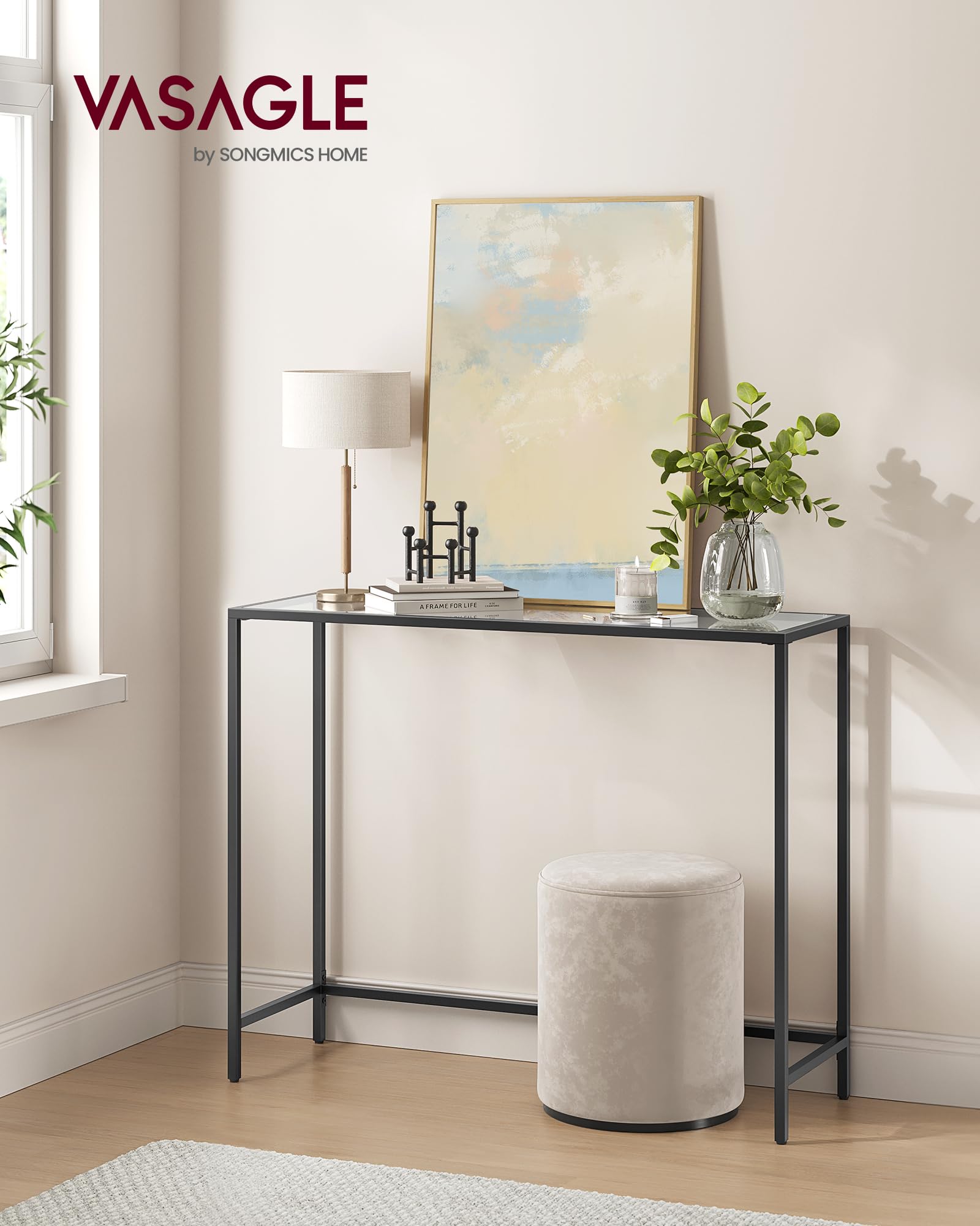 VASAGLE 39.4 Inches Console Table, Tempered Glass Sofa Table, Modern Entryway Table, Metal Frame, Easy to Assemble, Adjustable Feet, for Living Room, Hallway, Black ULGT026B01