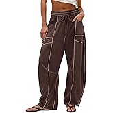 MSBESYOR Wide Leg Barrel Sweatpants for Women Baggy Palazzo Pants Drawstring High Waist Color Block Lounge Sweat Pant