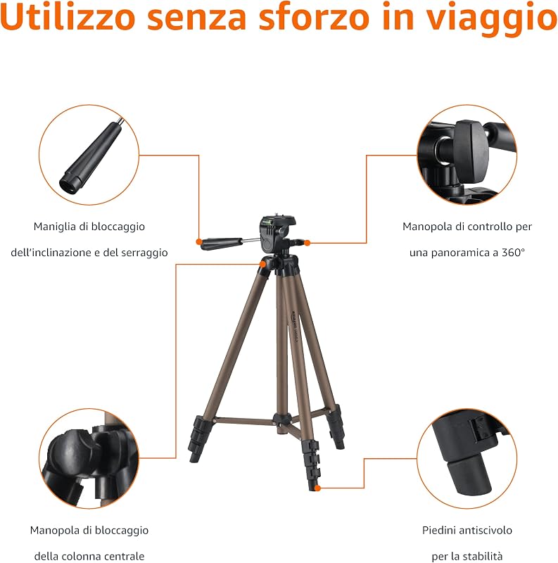 - Treppiede per Fotocamera 127cm, Leggero, con Borsa, Altezza Regolabile, per Fotocamere DSLR, Champagne