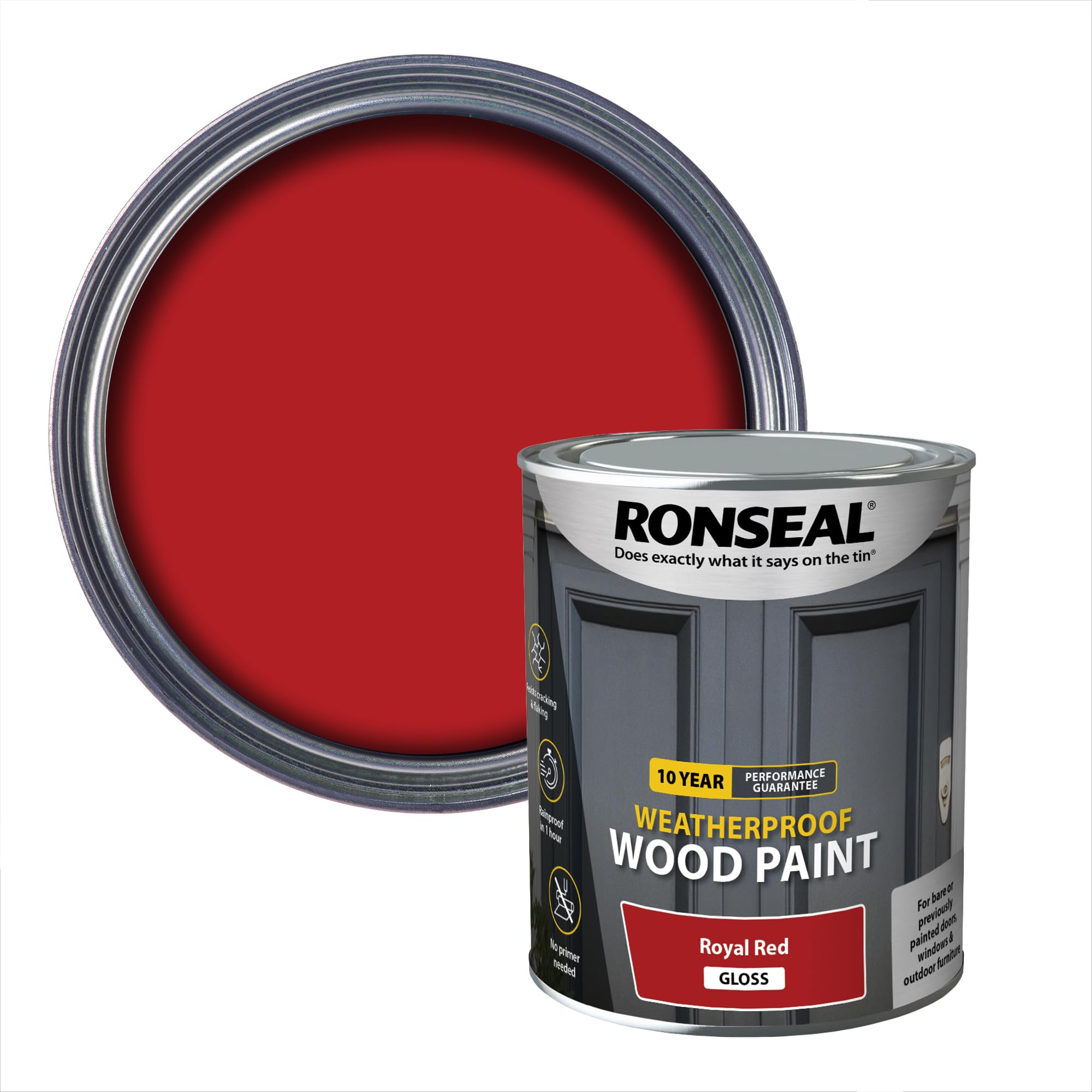 Ronseal 10 Year Weatherproof 2-in-1 Wood Paint Royal Red Gloss 750ml