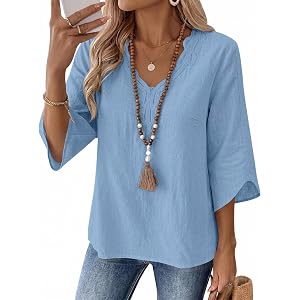 LOMON Womens 3/4 Sleeve Lace V Neck Cotton Linen Shirts Boho Top Casual Tunic Vacation Clothes Loose Fit