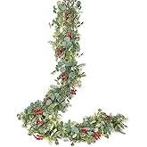 JoyHome 6ft Pine Christmas Garland, Artificail Red Berry Garland Christmas with Eucalyptus Leaves Cypress Garland for Home Decoration Holiday Mantel Table Decor