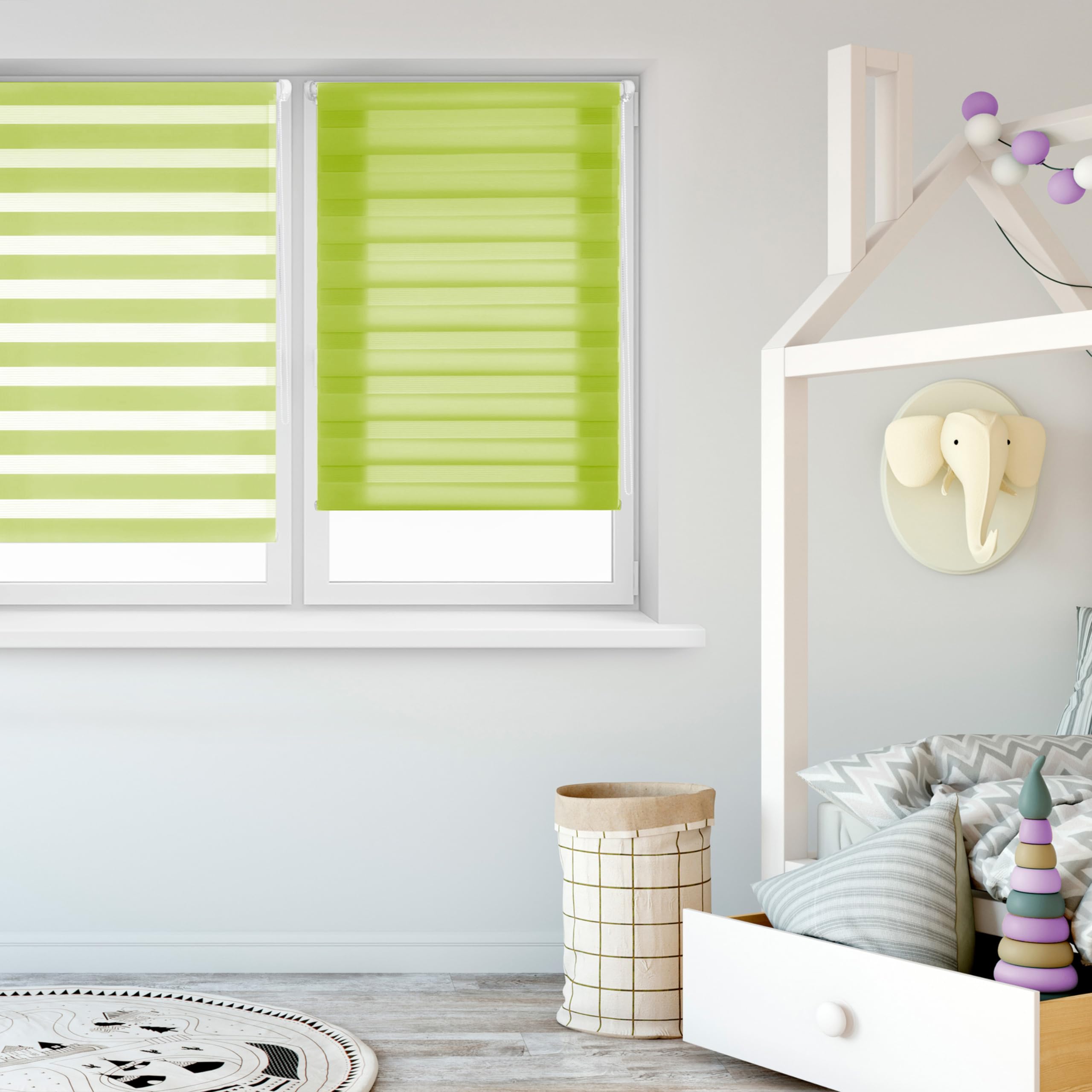 Blindecor - Indus "NO TOOLS REQUIRED". Double layered roller blind, Night and Day. Pistachio. 92x180 cm (width x length)