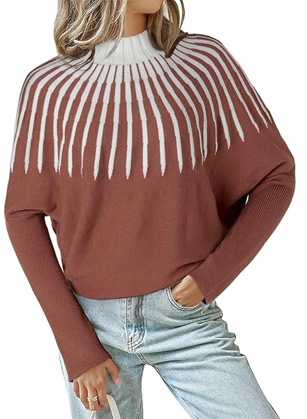 DOKOTOO WOMEN’S 2023 FALL LONG SLEEVE MOCK NECK STRIPED COLOR BLOCK COMFY LOOSE OVERSIZED KNITTED PULLOVER SWEATER ORANGE MEDIUM