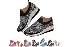 Women’s Rhinestone Mesh Slip-On Sneakers, Breathable Lightweight Walking Shoes, Glitter Sparkly Bling Loafers with Wedge Comf