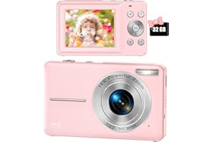 VAHOIALD FHD 1080P Digital Camera for Kids with 32GB SD Card 16X Digital Zoom, Compact Camera Point and Shoot Digital Cameras Portable Mini Camera for Teens Students Boys Girls Seniors(Pink)