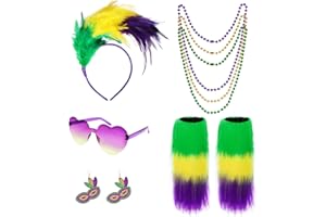 Fjgyjt 7Pcs Mardi Gras Women's Costume Accessories Set Furry Leg Covers Feather Headband Heart Glasses Earrings Bead Necklace