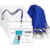 25Pcs Clear Plastic Horizontal Name Tags Badge ID Card Holders and 25Pcs Flat Neck Lanyards, Blue