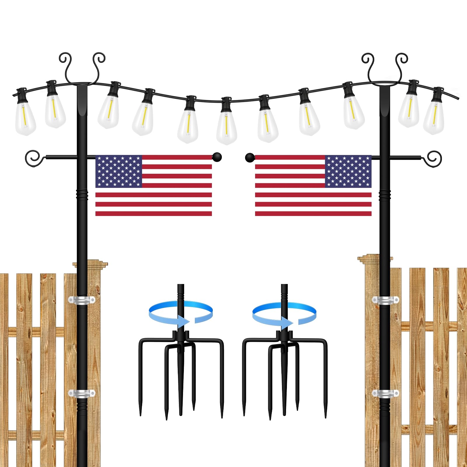 Photo 1 of 2 Pack String Light Poles - 10 Ft Patio Heavy Metal Lighting Posts, Adjustable Outdoor Stand with Fork for Backyard Deck Garden Wedding