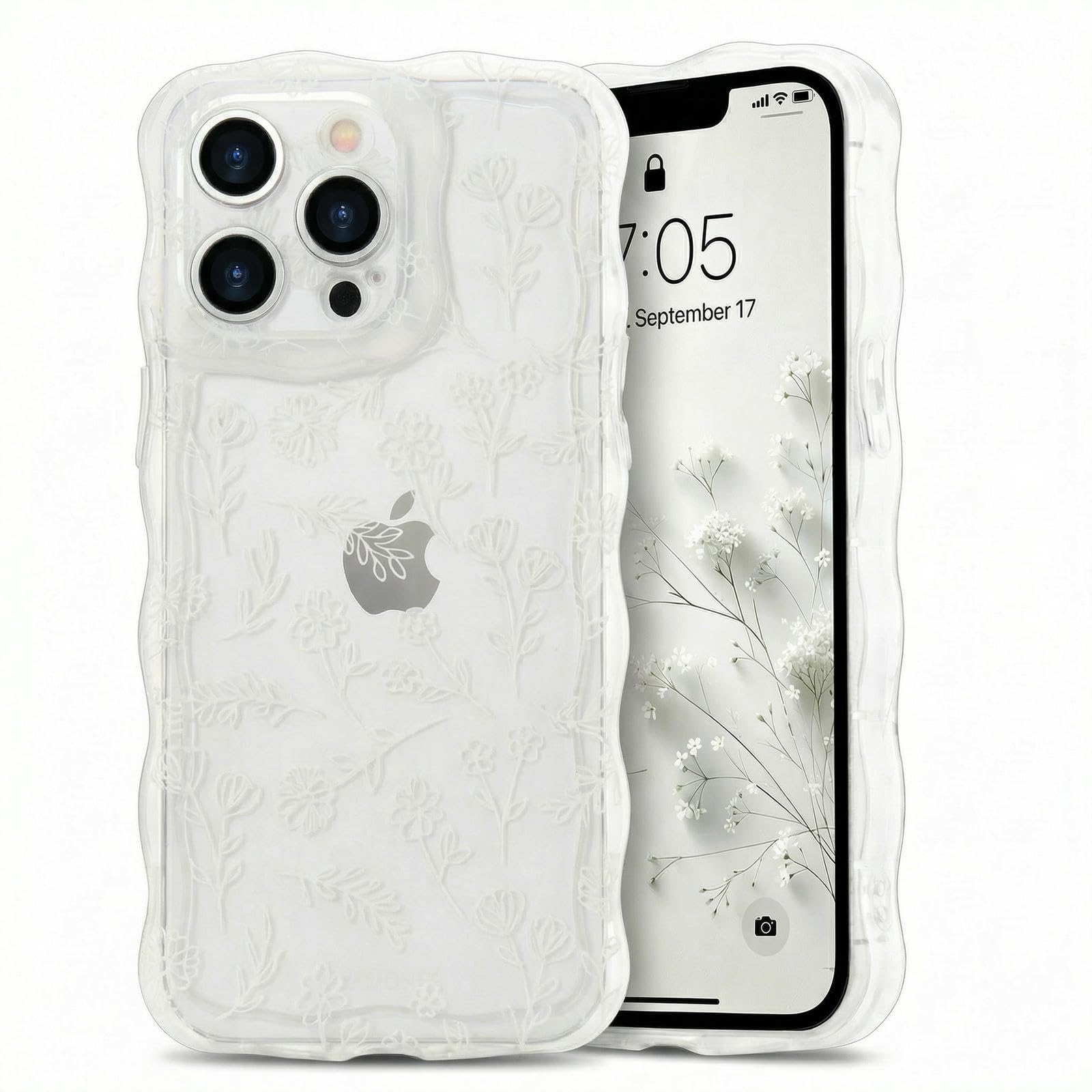 Micoden for iPhone 13 Pro Case, Cute Floral Girls Women Soft Case Silicone Shockproof Curly Wave Wavy Edge Camera Protection Cover Clear Thin[Non Yellowing] Phone Case for iPhone 13 Pro, White