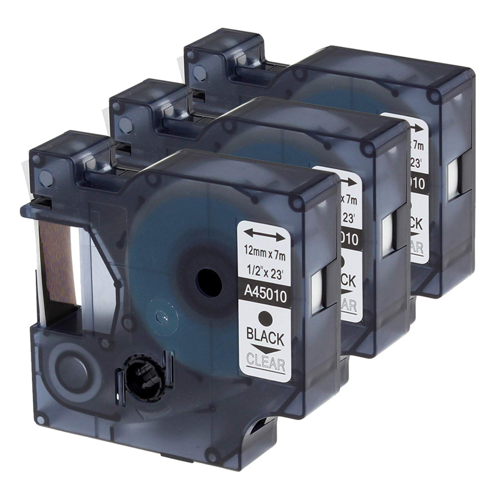 Oozmas Compatible A45010 Clear Label Tape Replacement for Dymo D1 45010 Black on Clear Tape 12mm x 7m, Compatible with Dymo LabelManager 160 210D 360D 420P 450D 500TS, 3-Pack