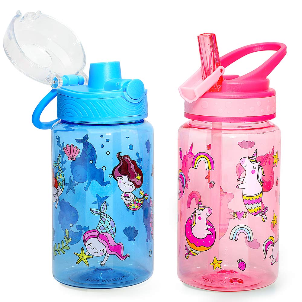 Home Tune Kids Water Drinking Bottle 470ml Tritan BPA Free, Auto Flip Chug Lid, Sip Straw Lid, Carry Loop, Lightweight, Leak-Proof Cute Design For Girls & Boys - 2 Pack Unicorn & Mermaid — image 1