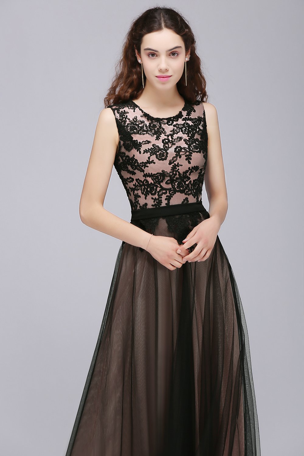 Crew Neck Black Lace Overlay Applique Evening Long Prom