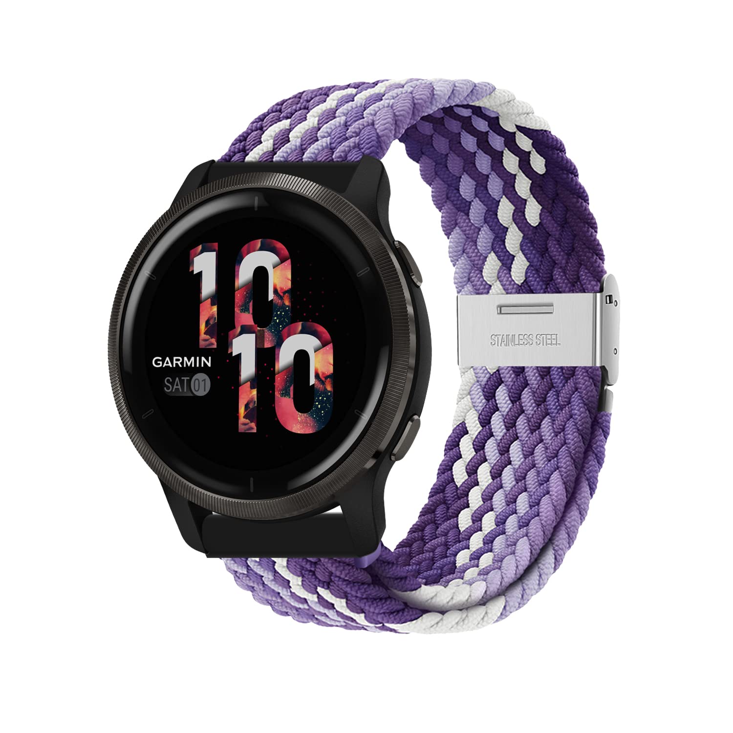 Niboow 22mm Strap for Garmin Venu 3/Venu 2/Vivoactive 4/Forerunner 265/Forerunner 255/Forerunner 255 Music, Elastic Nylon Watch Bands for Huawei Watch GT 4 46mm/Watch 4/Watch 4 Pro - Colorful Purple — image 1
