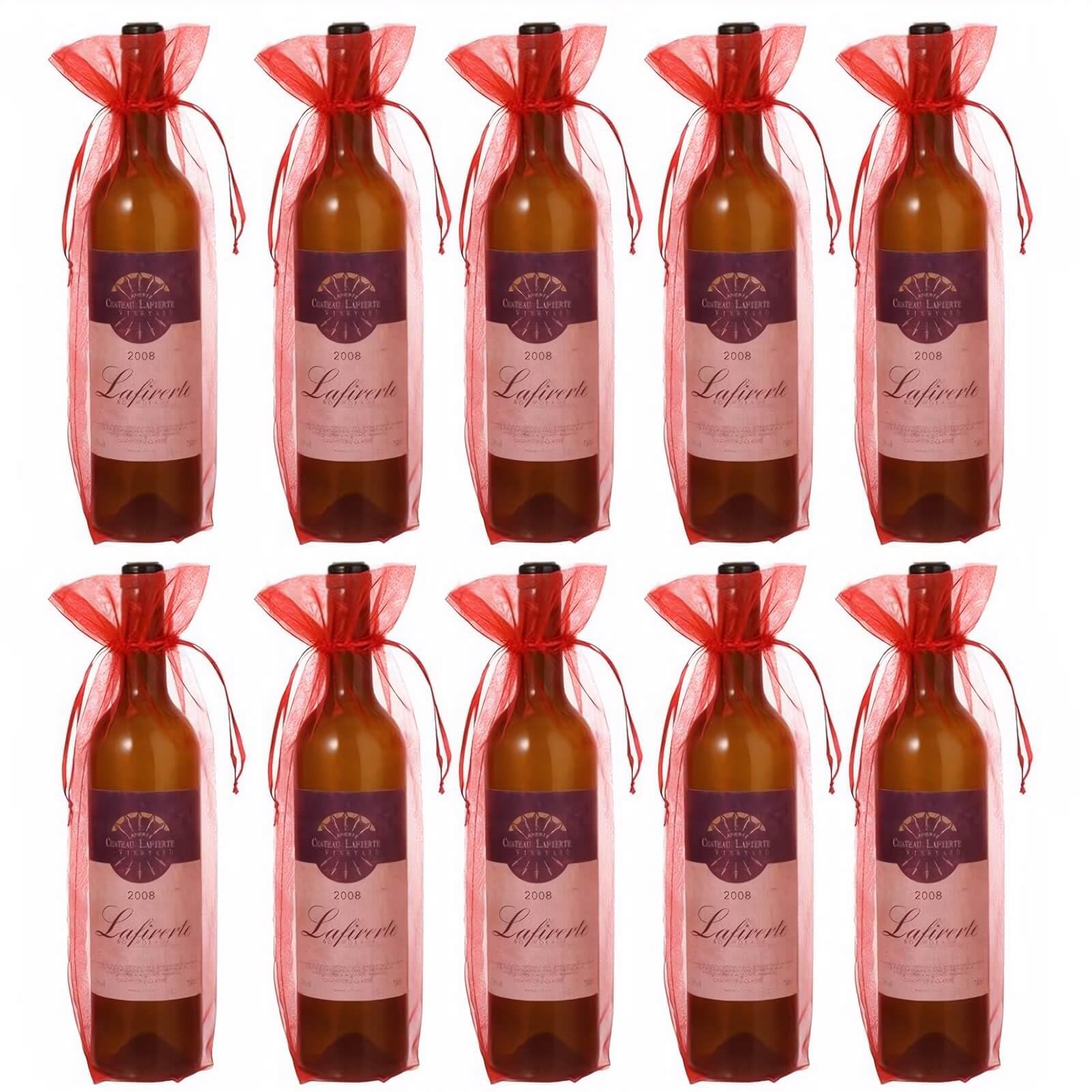 Bezall 20Pcs Red Organza Wine Bags, Mesh Christmas Wine Bottle Gift Bags with Drawstring for Wedding Party Favors, Holiday and Wine Tasting Party, 5.5 x 14.5 inch