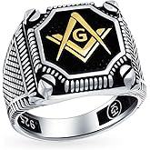Men's Large Solid Tri Tone Black Inlay Compass Freemason Fleur De Lis Masonic Signet Ring For Men Oxidized Gold- Tone .925 Sterling Silver