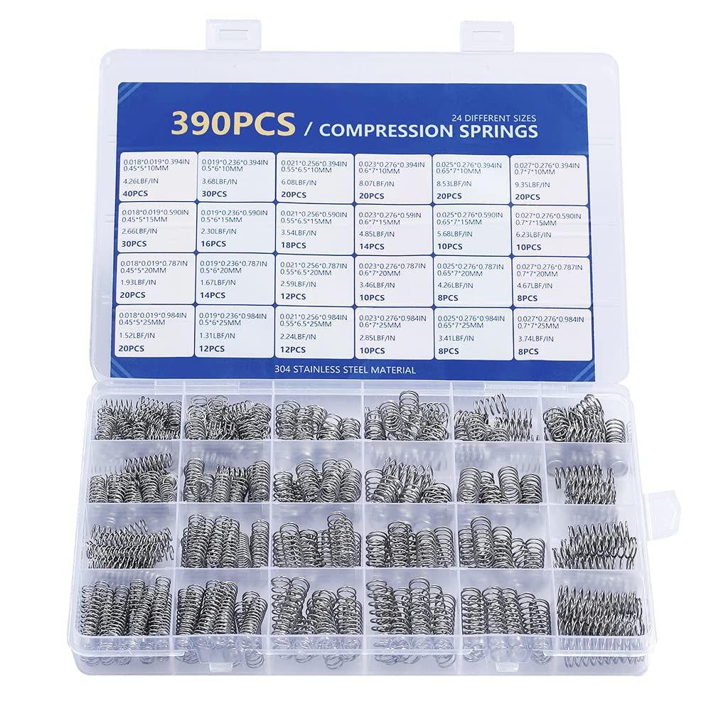 Photo 1 of Compression Springs Assortment Kit, 390 Pcs 24 Different Sizes Stainless Steel Springs, Spring Assortment for Shop and Home Repairs