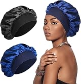 SWEET VIEW Silk Bonnet Hair Wrap for Sleeping 2 Pack Black Navy Elastic 19-24in