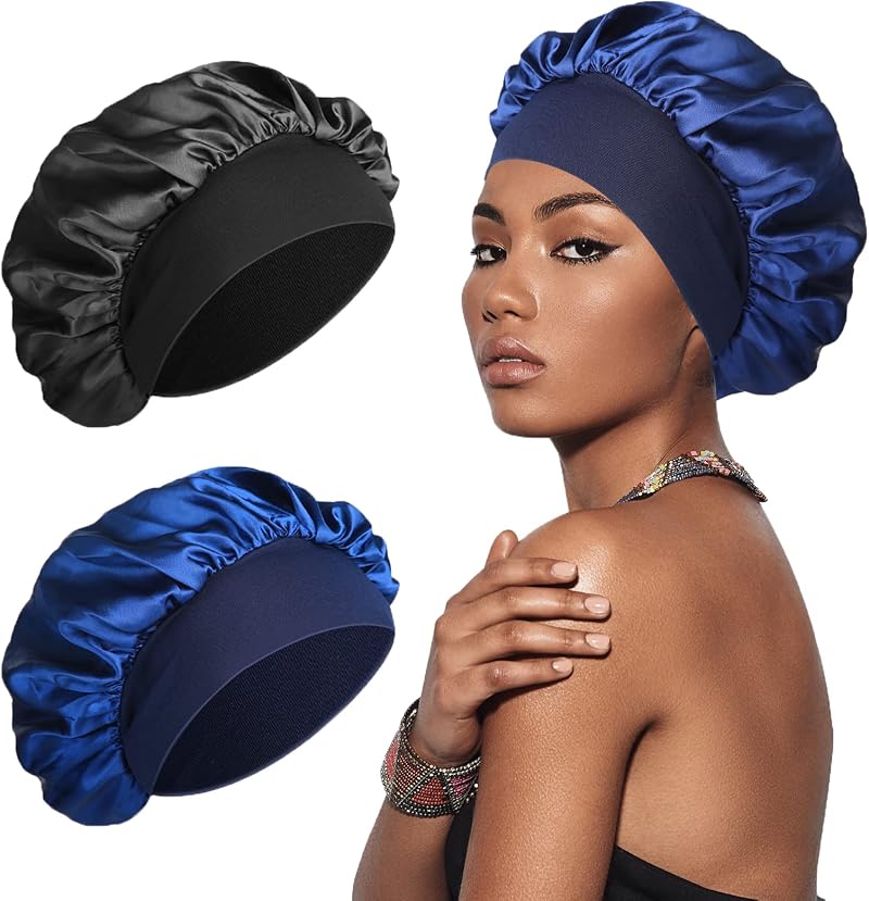 SWEET VIEW Silk Bonnet Hair Wrap for Sleeping 2 Pack Black Navy Elastic 19-24in