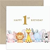 Old English Co. First Birthday Card for Boy or Girl - Age 1 - Cute Safari Animals Birthday Greeting Card for Kids Birthday - First Childrens Birthday Card | Blank Inside with Envelope