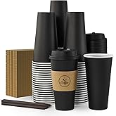 JOLLY CHEF 100 Count 20 oz Black Paper Coffee Cups with Lids, Sleeves and Stirrers for Home, Office, Kitchen, Cafes, Disposable Hot Paper Cups for all Kinds of Beverages