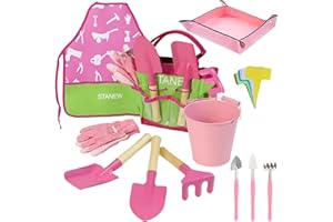 Stanew 21-Piece Kids Gardening Set - Pink Flower Garden Plant Growing Kit with Hand Tools, Apron, Tote Bag, Garden Gloves, Bu