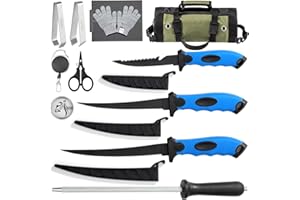 GPUSFAK 10 Pieces Fillet Knife Set, Stainless Bait Knife with Sharpening Rod and Sheath, Professional Filleting Boning Knife for Meat