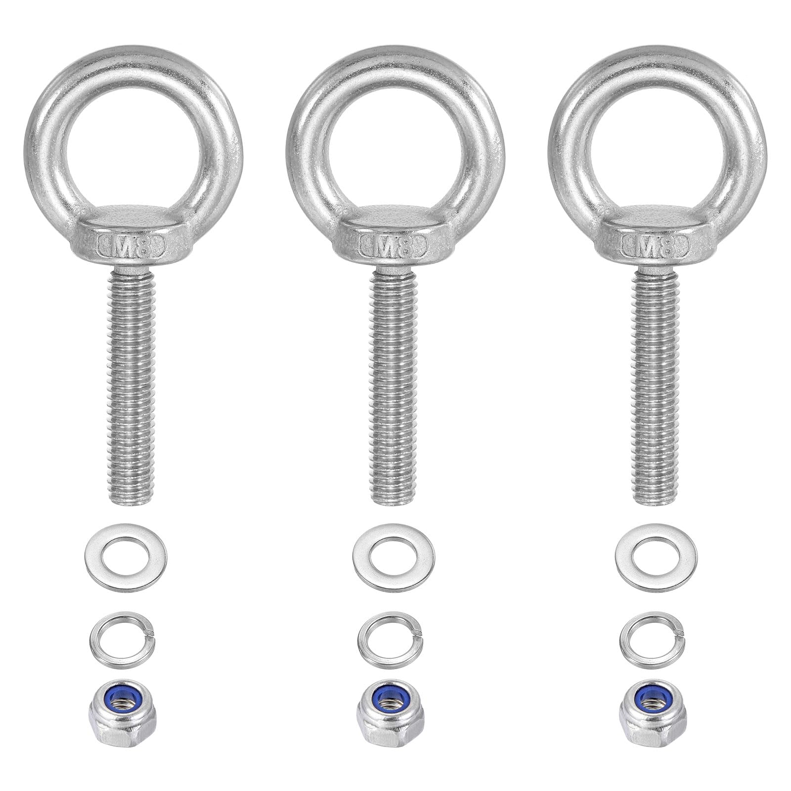 PATIKIL M8 x 40mm Lifting Shoulder Eye Bolt, 3Pcs 304 Stainless Steel Lifting Ring Threaded Eyebolt with Nuts Washers for Hanging Hammocks Articles
