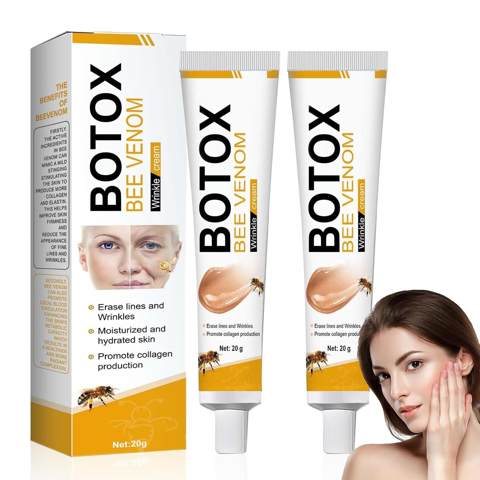 2PCS Bee Venom Wrinkle Removal Skin Treatment Cream, Bee Venom Anti - Aging Moisturizer for Face & Neck, Bee Venom Cream for All Skin Type