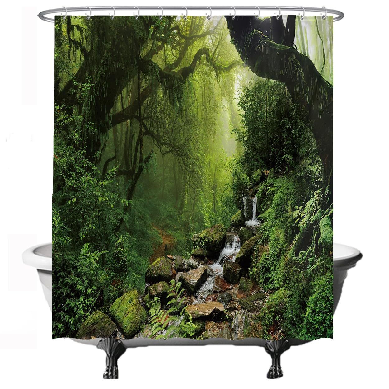 Ulticool Shower Curtain - Rainforest Nature Eco Plants Waterfall - 180 x 200 cm - Anti-Mould - Washable - Waterproof - with 12 Rings - Green