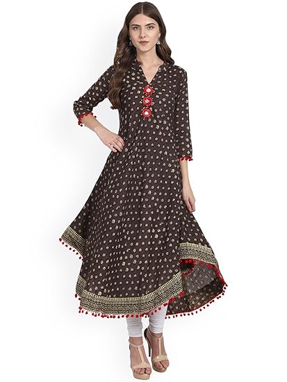 Womens Cotton Printed Anarkali Kurti (Brown)