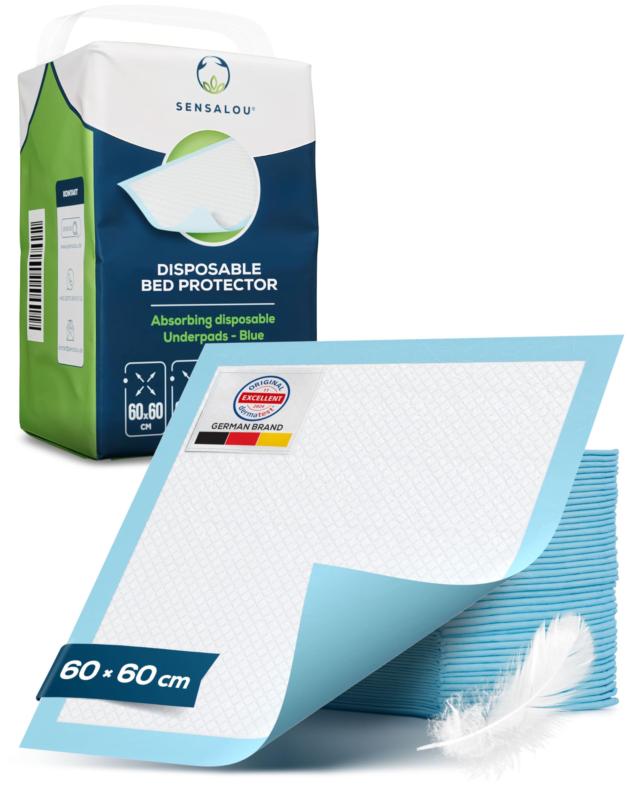Sensalou Disposable Incontinence Bed Protector Pad 60 x 60 cm – Pack of 50 Disposable Bed Pads Waterproof Blue – Medical Pads