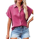 Dokotoo Casual V Neck Button Down Shirts for Women Solid Short Sleeve Blouse Tops
