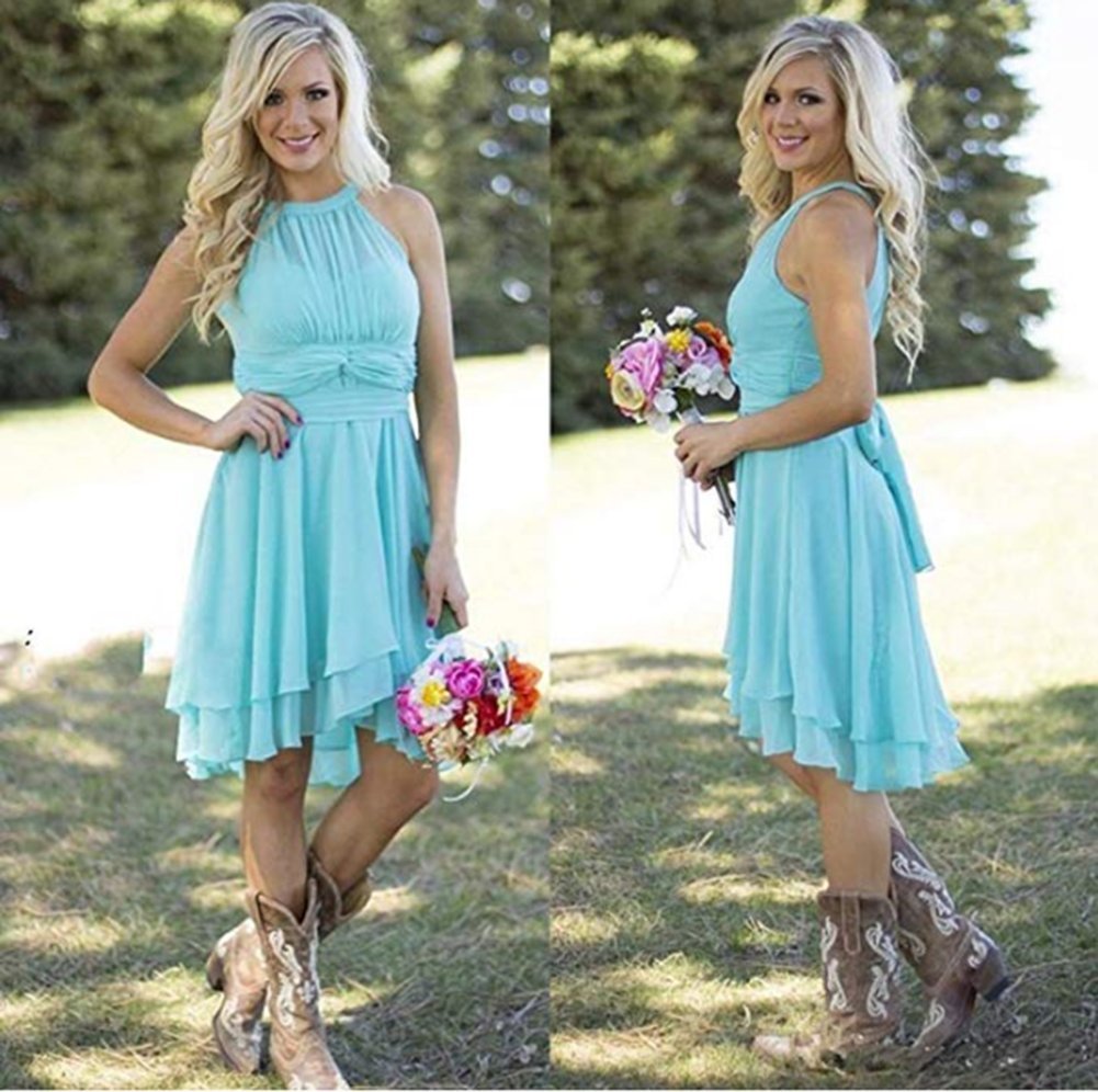 Faxpox Women's Country High Low Halter Chiffon Bridesmaid Dress Western