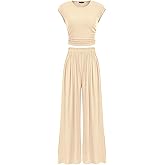 PRETTYGARDEN Women's Summer 2 Piece Outfits 2026 Cap Sleeve Ruched Slim T Shirt Ribbed Knit Wide Leg Pant Sets Tracksuit
