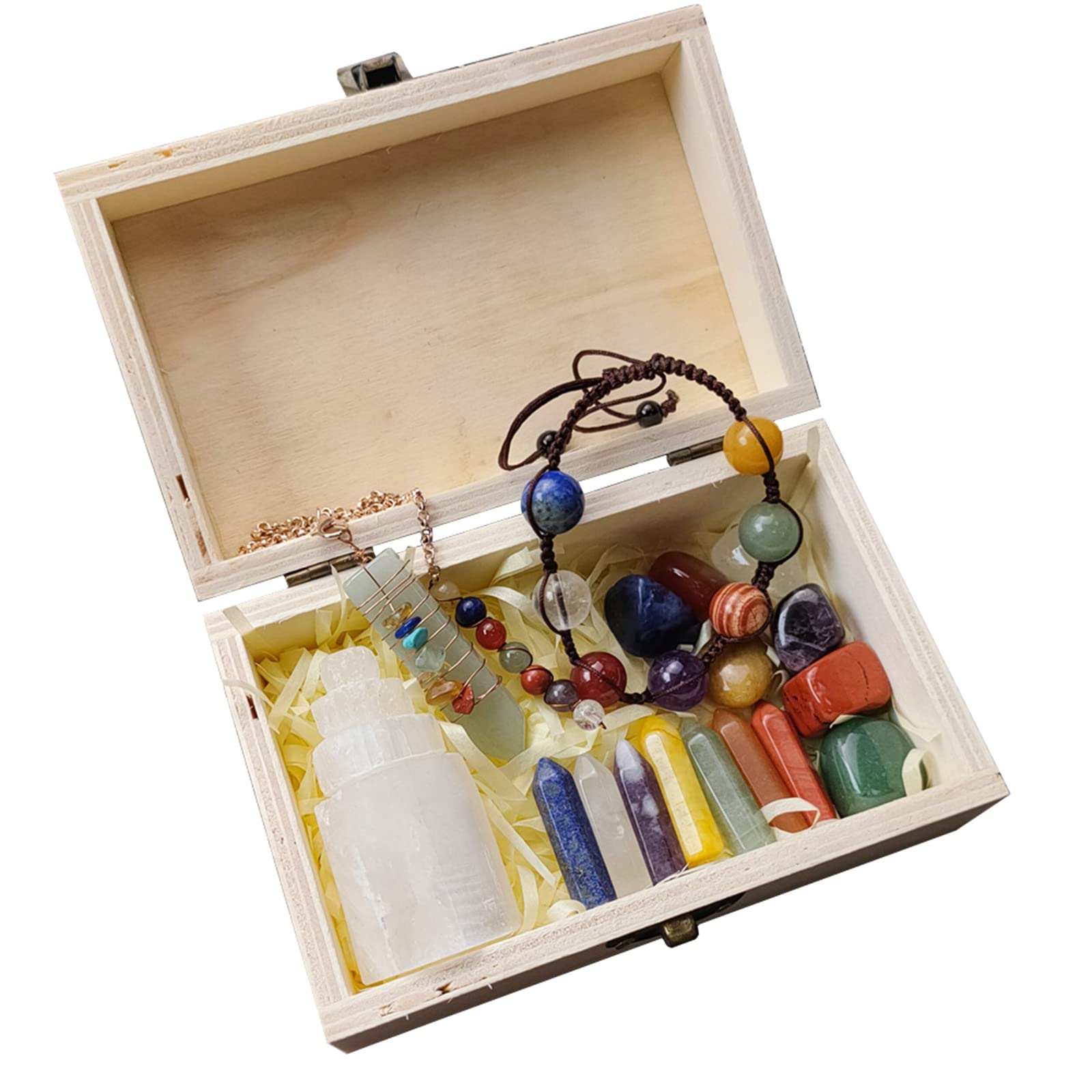 WANGCL Chakra Healing Crystals Set Crystal Colorful Bracelet Amethyst Pendulum Transparent Quartz Pink Crystal Angel Chakra Stone Crystal Healing Meditation Jewelry Wooden Box