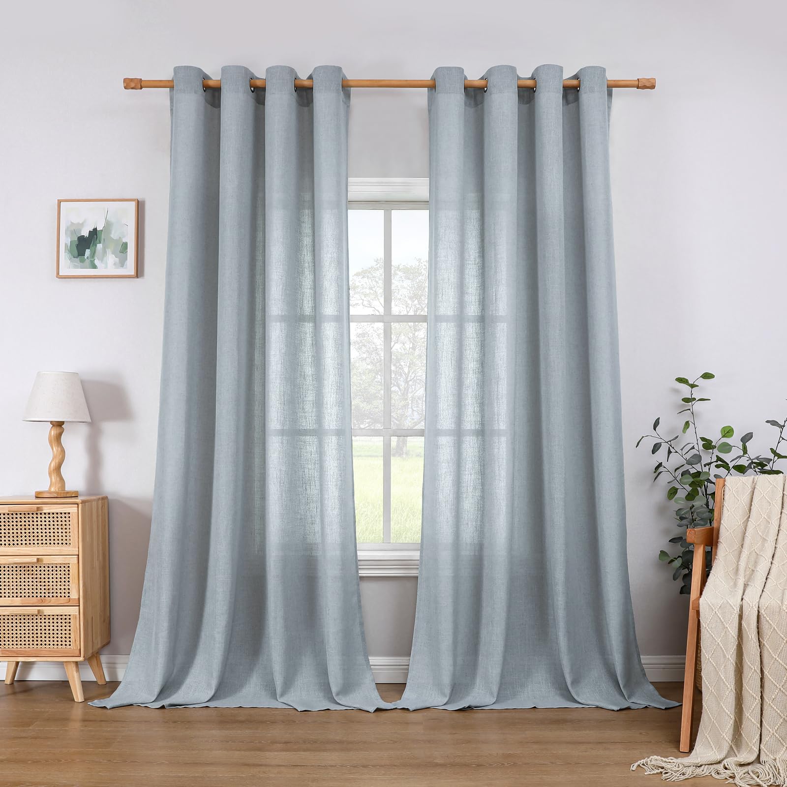 CUCRAF Linen Curtains Eyelet Sheer Net Voile 2 Panels 55" Width x 84" Drop Stone Blue