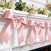 1-String Pink Bow Garland Banner, 8 Pre-Strung Double-Layer Ear Satin Ribbon Bows, Valentines Day Decor for Baby Shower Bridal, Birthday Wedding Party, Reusable Girls Coquette Room Wall Mantel Decor