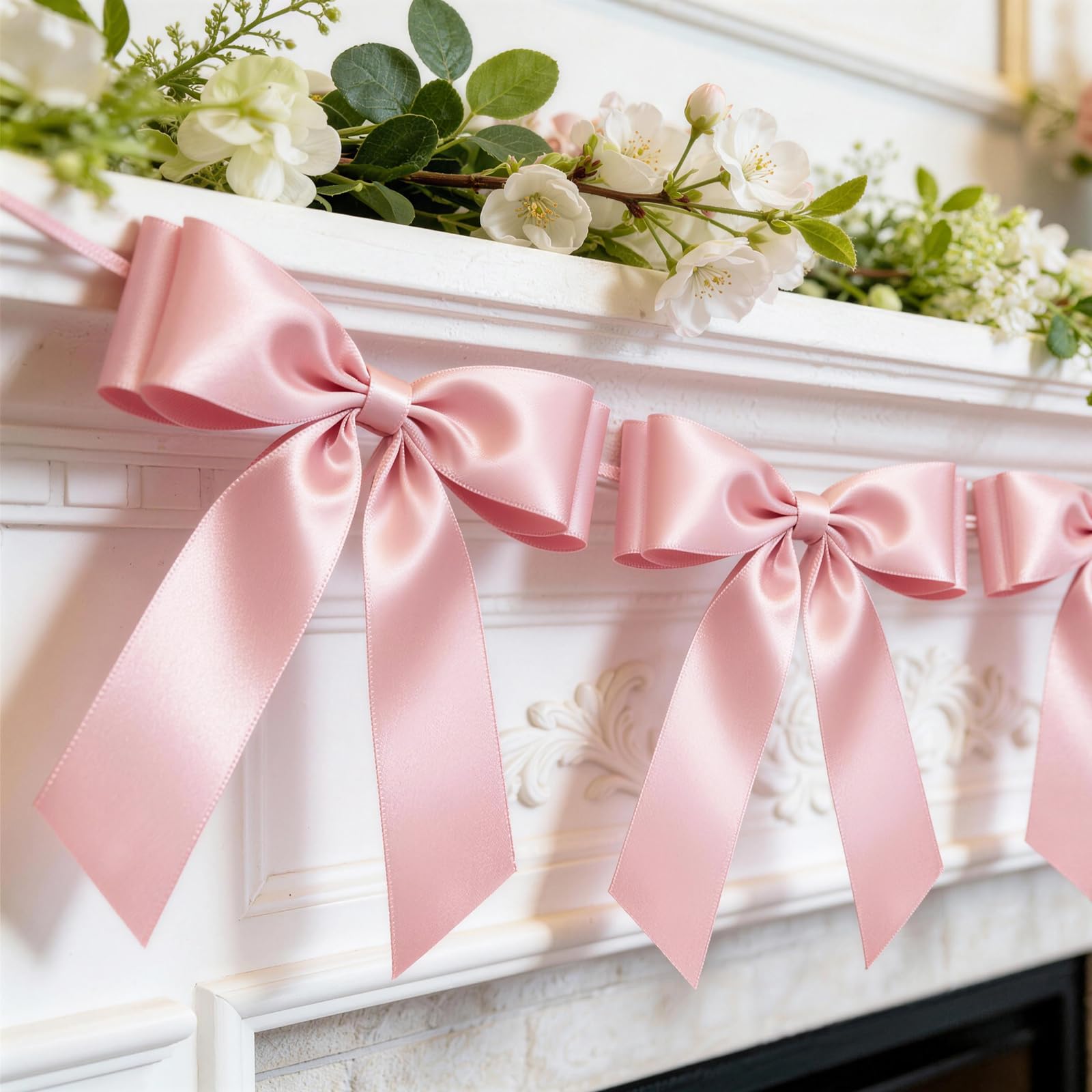 Photo 1 of 1-String Pink Bow Garland Banner, 8 Pre-Strung Double-Layer Ear Satin Ribbon Bows, Valentines Day Decor for Baby Shower Bridal, Birthday Wedding Party, Reusable Girls Coquette Room Wall Mantel Decor