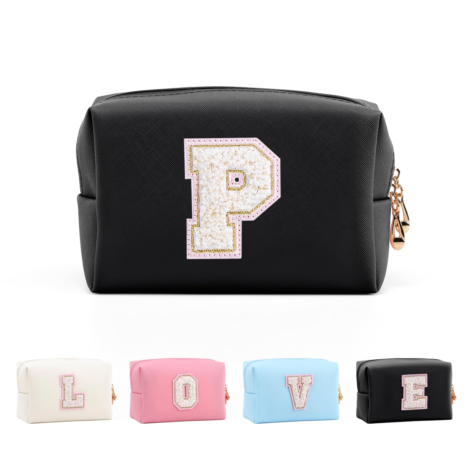 Anntry Small Personalized Initial Letter Makeup Bag, Cute Waterproof PU Leather Chenille Letter Cosmetic Bag Travel Makeup Bag, Preppy Makeup Pouch Toiletry Zipper Pouch Organizer for Women and Girls