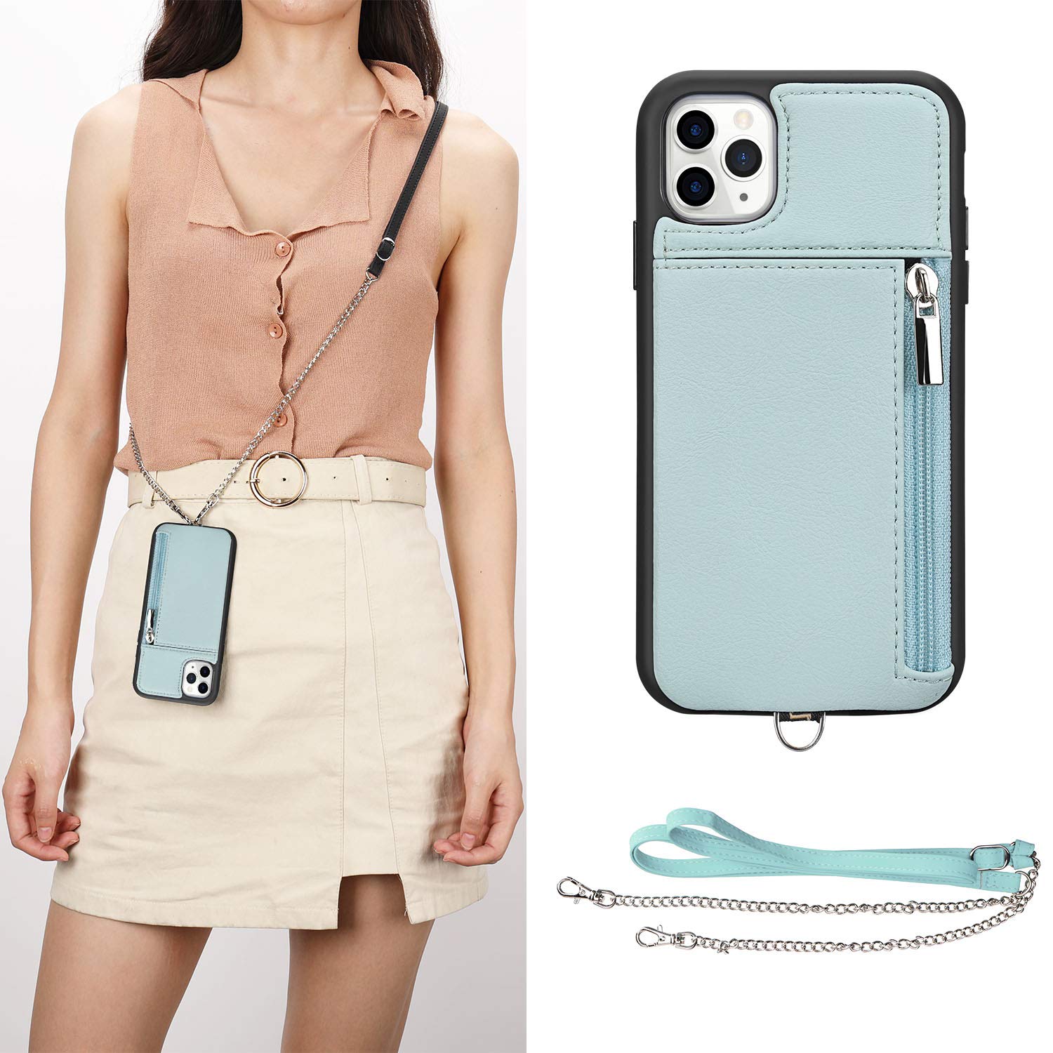 JISON21 Protective Case for iPhone 11 Pro Max, with Strap and Card Slot, 2 in 1 Card Holder Mobile Phone Case for iPhone 11 Pro Max with Mobile Phone Chain (Light Blue)