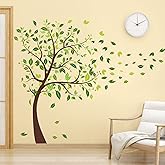 RW-2196 Giant Green Tree Wall Decals Large Tree Branches Leaf Wall Stickers DIY Removable Brown Trees Fallen Leaves Photo Wall Art Decor for Kids Women Bedroom Living Room Nursery Office