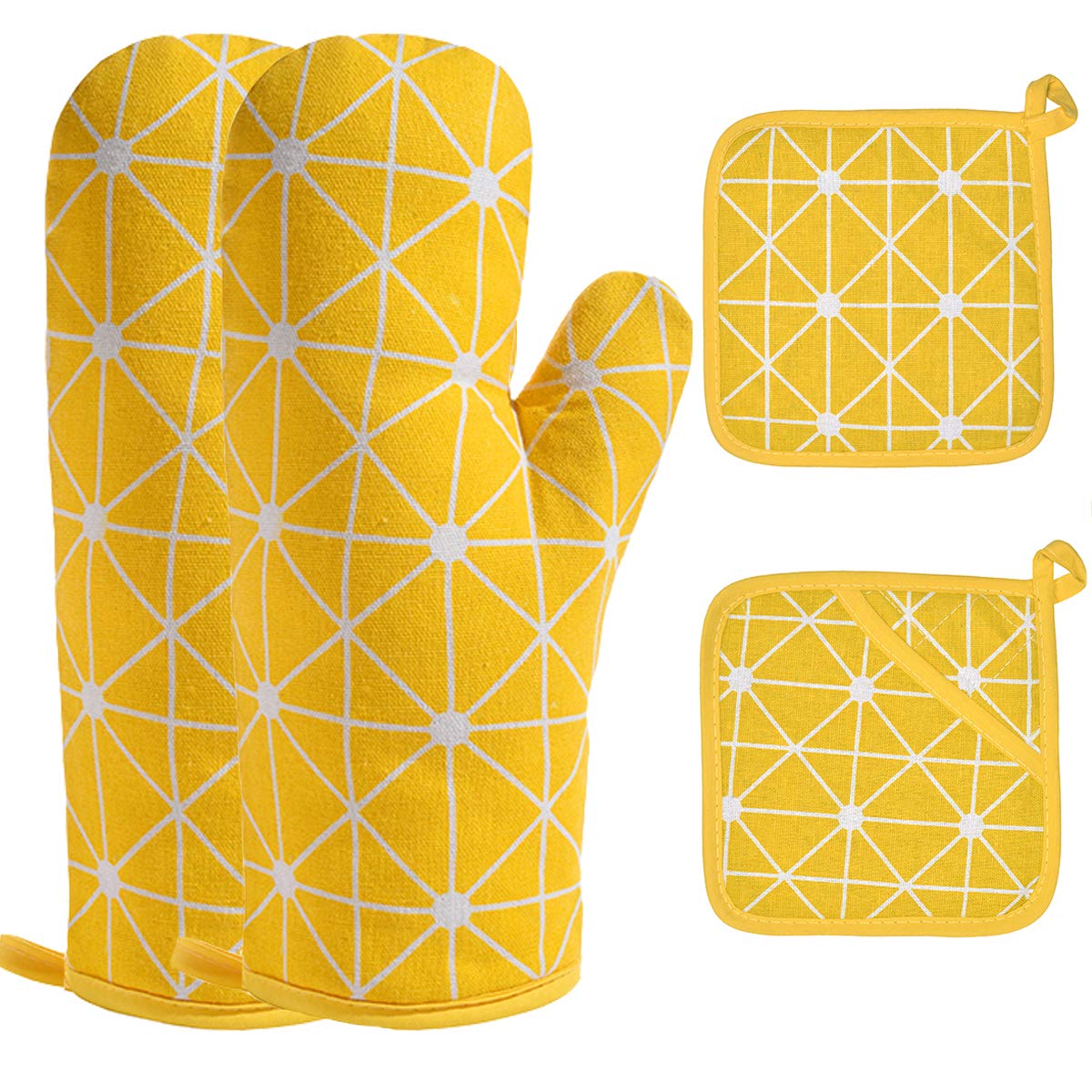Win Change Oven Mitts and Potholders BBQ Gloves-Oven Mitts and Pot Holders with Recycled Infill Silicone Non-Slip Cooking Gloves for Cooking Baking Grilling (4-Piece Set) (Yellow-02)