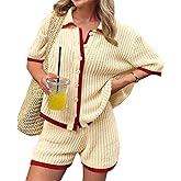 Cicy Bell Womens 2 Piece Short Sets Summer Sweater Outfits Short Sleeve Collared Tops Vacation Color Block Knit Lounge Sets